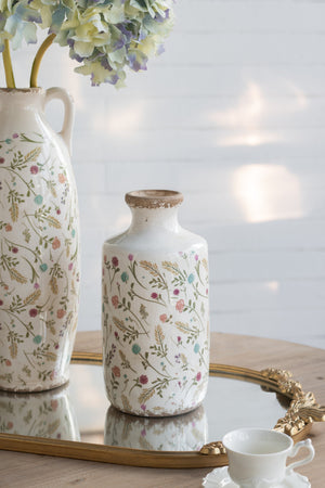 D5.3x10.6' Ceramic Cylinder Vase with Multi-Colored Floral Motifs