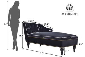 58" Velvet Chaise Lounge with Nailhead Trim and Solid Wood Legs