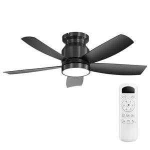 Flush Mount Ceiling Fan With LED Light 22W And Remote Control Blades For Indoor Use - Black