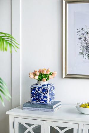 5x5x8' Hand Painted Square Canister with Blue and White Floral Pattern