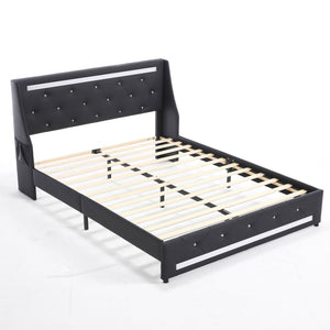 Wingback Upholstered Bed Frame With LED Lights, Charging Station