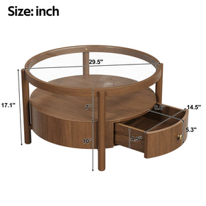 Solid Wood Round Glass Top Coffee Table with Storage Drawer