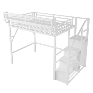 Full Size Loft Bed with Stairs and Storage Shelves