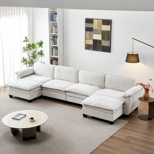 Living Room Furniture Sofa Luxury Couch Four Seater with Two Ottomans Soft Chenille Upholstered U Shape Sofa