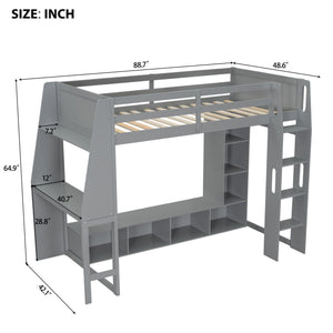 Gaming Loft Bed With Desk, Multi Storage Shelves, LED Lighting, And Hanging Clothes Rack