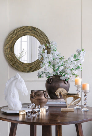 29.5" Round Gold and Black Wooden Accent Mirror with Woven Texture
