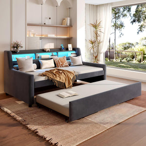 Twin Size Daybed With Trundle With LED Light ? Charging Station - Dark Gray