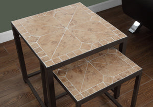 Light Brown Nesting Tables with Wood Mosaic Top - Set of 2