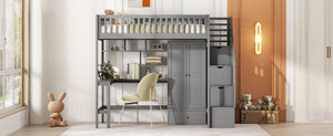 Loft Bed With Bookshelf, Drawers, Desk, And Wardrobe