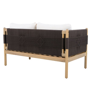 Outdoor Acacia Wood Loveseat with Diamond Rope Weave & Cushions, Light Teak