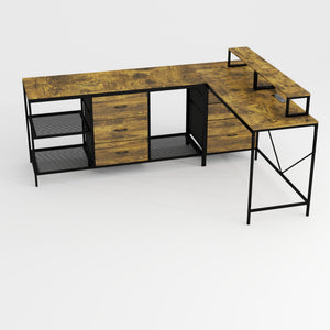 Industrial L Shaped Desk With Power Hub With 6 Drawers And Adjustable Monitor Stands - Brown