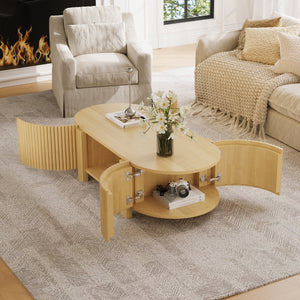 Oval Fluted Coffee Table with Storage for Living Room