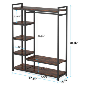 Free Standing Closet Organizer With 6 Shelves And Hanging Bar - Brown / Black