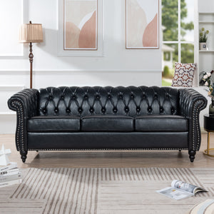 84.65" Black PU Rolled Arm Chesterfield Three Seater Sofa