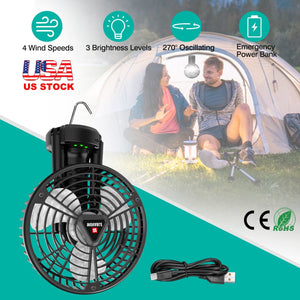 Foldable Camping Fan with Emergency Power Bank 270¡ Oscillating Rechargeable Tripod Fan for Hiking Fishing Personal Desk Fan with 4 Speeds 3 Brightnes