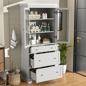 Freestanding Tall Bathroom Cabinet With Adjustable Shelves, Drawers, Soft Close Glass Doors