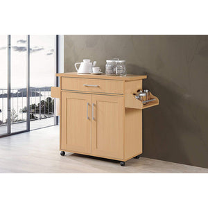 Hodedah Wheeled Kitchen Island with Large Spice Rack and Towel Holder, Beech