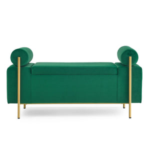 Elegant Upholstered Storage Bench With Cylindrical Arms And Iron Legs,