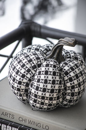 Plaid Fabric Pumpkin 7'' Black & White Halloween Decoration Accent
