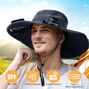 Outdoor Wide Brim Sun Hat With 2 Rechargeable Fans Solar Powered 3 Wind Speeds UPF50+ Breathable Waterproof Nylon Mesh Outdoor Hat For Hiking Camping