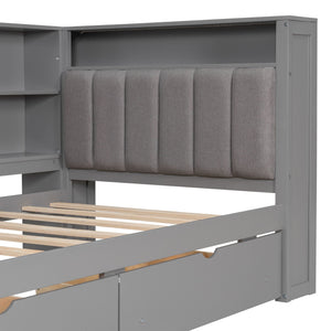 Platform Bed With Upholstered Headboard, Storage Shelves, Drawers, Charging Station, LED Lighting, Built In Desk