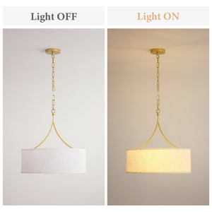 3-Light Gold Fabric Drum Pendant Light
