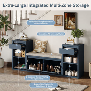 Entryway Storage Bench With Cushion, Drawers & Open Shelves