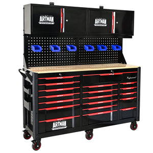 Wall Mounted Double Door Storage Cabinet With Tool Rack And Hooks, Stainless Steel - Black / Red