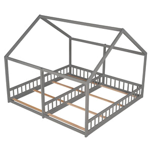 House Platform Beds, 2 Shared Beds, Metal Frame With Guardrails