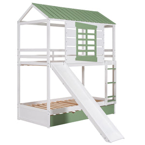 Twin Over Twin House Bunk Bed With Convertible Slide And Trundle - White