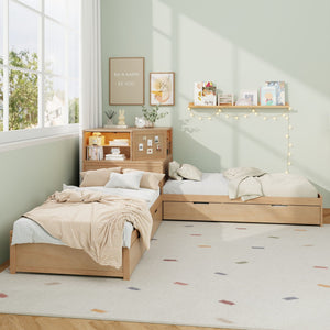 L-Shaped Bed Frame With Trundle, Built In Desk & LED Lighting
