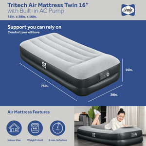 Sealy Tritech Twin Sized 16" Air Mattress Bed 2 Person w/Built-In AC Pump & Bag - TRAPSKI