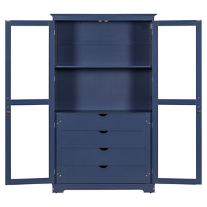 Kitchen Pantry, Freestanding Kitchen Storage Cabinet Display Cabinet With Glass Doors And 4 Built In Drawers For Living Room, Home Office - Blue