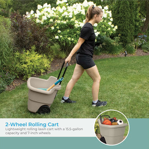Suncast LC1250D 15 Gallon Poly Multipurpose Rolling Lawn and Garden Cart, Taupe
