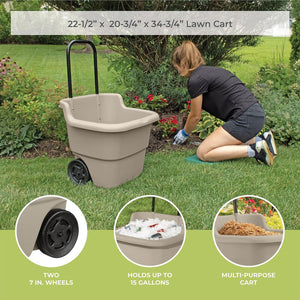 Suncast LC1250D 15 Gallon Poly Multipurpose Rolling Lawn and Garden Cart, Taupe
