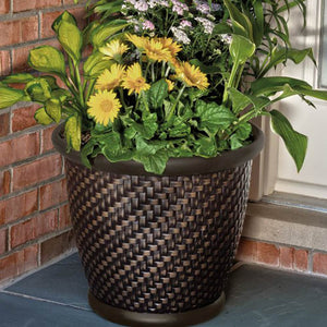 Suncast 1807J4 18 x 16.5 Inch Wicker Resin Flower Pot Garden Planter, Dark Brown