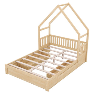 House Style Platform Bed With Guardrail And 2 Drawers