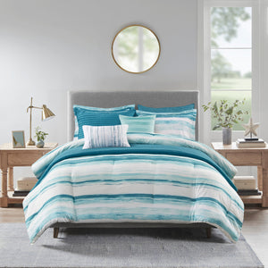 8 Piece Printed Seersucker Comforter and Quilt Set Collection Aqua Full/Queen