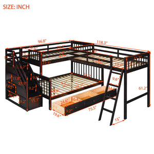 Solid L Shaped Bunk Bed With 3 Drawers, Ladder And Staircase