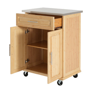 Indoor Compact Bamboo Rolling Kitchen Cart with Stainless Steel Top
