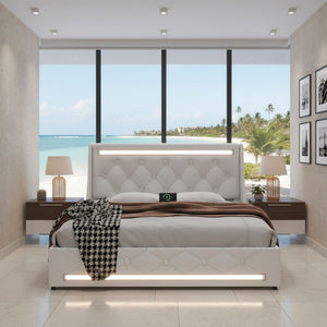 Wingback Upholstered Bed Frame With LED Lights, Charging Station