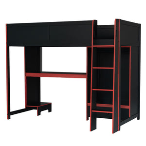 Gaming Loft Bed With Built In Desk, Wardrobe, LED Lighting And Drawer