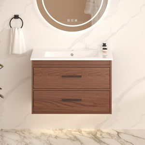 Wall Mounting Bathroom Vanity With Soft Close 2 Drawer, Sink - Reddish Brown
