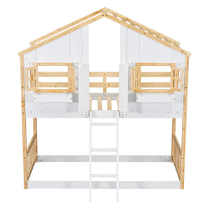 House Bunk Bed With Roof, Window, Window Box, Door, With Safety Guardrails And Ladder