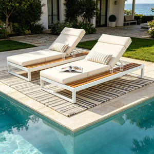 White Iron & Teak Finish Chaise Lounge Set: 1 Frame + 1 4-Fold