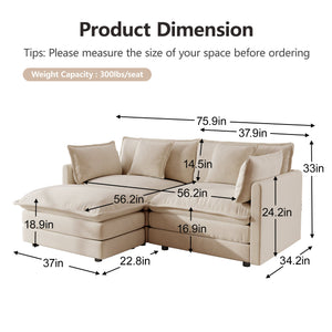 Chenille Two-Seater Sofa with 1 Footrest, 2 Seater L-Shaped Sectional with Ottoman
