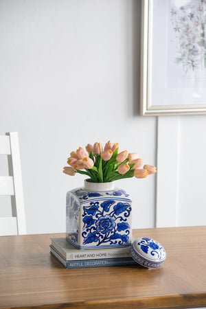 5x5x8' Hand Painted Square Canister with Blue and White Floral Pattern