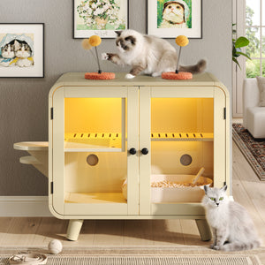 Cat Hidden Litter Box Enclosure with RGB LED Light and Glass Doors