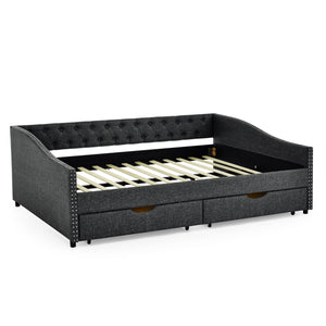 Upholstered Tufted Daybed With 2 Drawers, Waved Arms