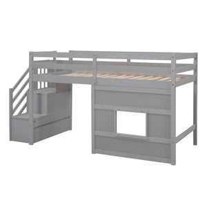 Loft Bed With Storage Staircase, Window & LED Light